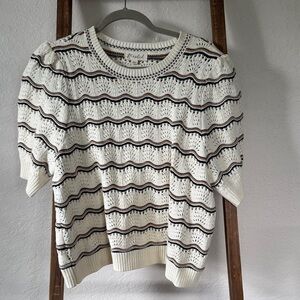 Marled Cream Eyelet Knit Short-Sleeve Sweater with Black & Brown Stripes